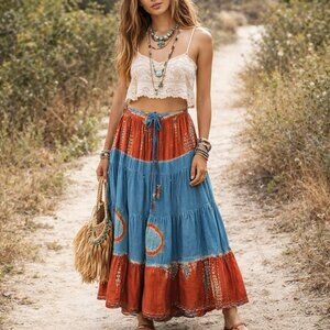 First Vision by Shirin VTG Free Size Tiered Boho Gypsy Hippie Maxi Skirt Beaded